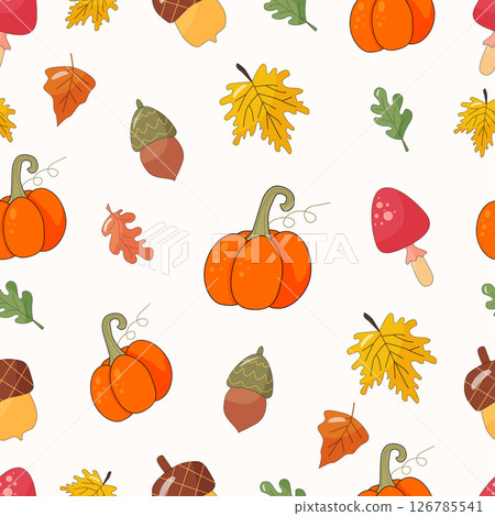 colorful autumn pattern, on autumn theme. pumpkins, mushrooms, leaves, acorns. colorful autumn pattern, on autumn theme. pumpkins, mushrooms, leaves, acorns. 126785541