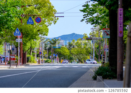 View of the north side of Ohori Park in Chuo Ward, Fukuoka City. The road leading to the traffic light at the entrance to Nishi Park. Cropped. 126785592