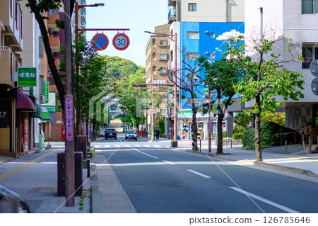 福岡市中央區荒戶西公園入口的景色。西公園下方的交通燈。 126785646
