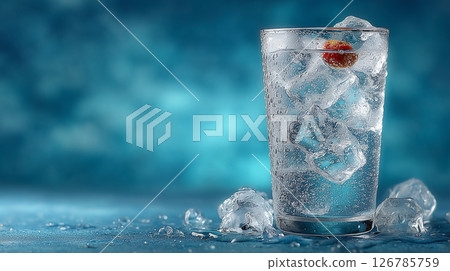 High-quality stock image of a glass of carbonated water filled with ice and a refreshing drink with water droplets giving a cool feeling 126785759