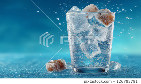 Realistic stock photo of a refreshing drink with cold carbonated water poured into a clear glass and sparkling ice creating a refreshing summer feeling 126785781