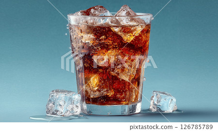 Realistic stock photo of a refreshing drink with cold carbonated water poured into a clear glass and sparkling ice creating a refreshing summer feeling 126785789