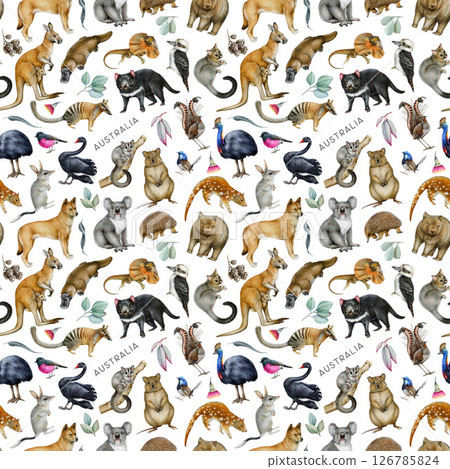 Australian fauna with floral elements seamless pattern. Hand drawn koala, kangaroo, dingo dog, quokka, platypus, kookaburra on white background. Australia birds and animals design fabric element. 126785824