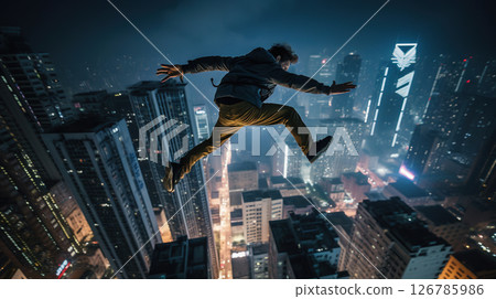 Young man jumps from the roof, Parkour or base jumping trick of an action stuntman. Generated AI. 126785986