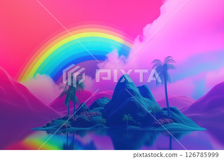 Palm trees and rainbow 80s landscape in vaporwave style. Retrowave vacation background with tropical sunset and palms. Generated AI. 126785999