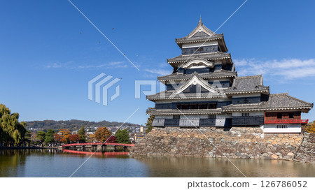 Matsumoto Castle in Nagano, Japan on a clear autumn day with birds flying above 126786052