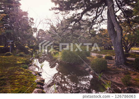 Vintage style image of stream winding through Kenrokuen Garden in Japan 126786063