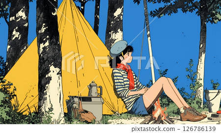 A young woman enjoying solo camping 126786139
