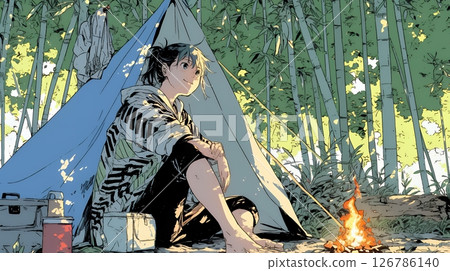 A young woman enjoying solo camping 126786140