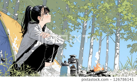 A young woman enjoying solo camping 126786141