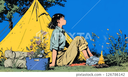 A young woman enjoying solo camping 126786142
