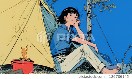 A young woman enjoying solo camping 126786145
