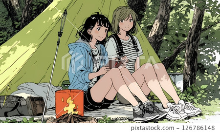 Young woman enjoying tent camping with her female friends 126786148