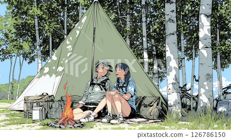 年輕女子與女性朋友一起享受帳篷露營 126786150