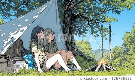 Young woman enjoying tent camping with her female friends 126786151