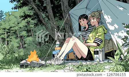 Young woman enjoying tent camping with her female friends 126786155