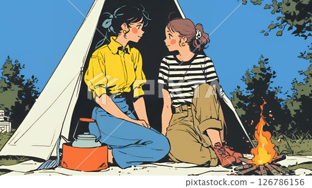 Young woman enjoying tent camping with her female friends 126786156