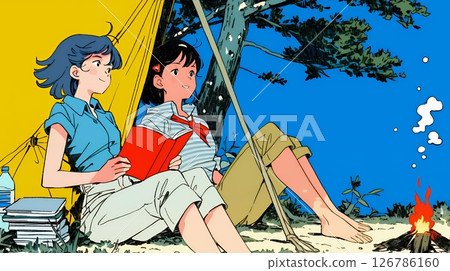 Young woman enjoying tent camping with her female friends 126786160