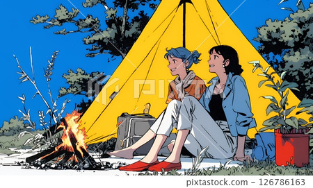 年輕女子與女性朋友一起享受帳篷露營 126786163