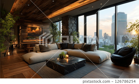 寬敞的設計師客廳，透過大窗戶可以欣賞黃昏時分的城市美景，並配有時尚的廚房。 126786254