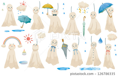 A set of various cute Teru Teru Bouzu watercolor illustrations 126786335