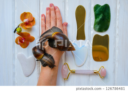 Two achatinas on hand and facial massage kit. Face roller and guasha massager made from natural stones and metal, flat lay. High quality photo 126786481