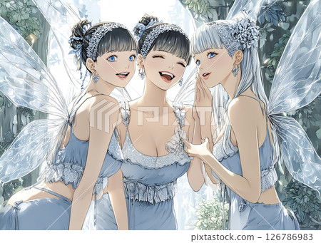 Illustration material of three pixie fairy sisters walking in the forest Illustration material of three pixie fairy sisters walking in the forest 126786983
