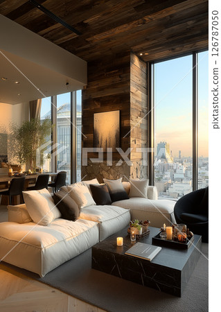 A high-quality living/dining room on a high floor where the soft natural light pours in through the wide windows and the warmth of wood create a comfortable atmosphere. 126787050