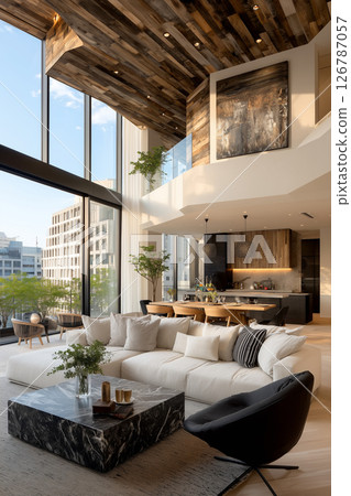 位於高層的高品質客廳/餐廳，柔和的自然光透過寬大的窗戶傾瀉而入，木材的溫暖營造出舒適的氛圍。 126787057