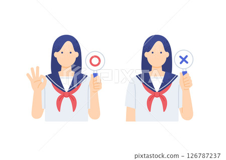 Summer uniform, female student in sailor suit holds up a circle and a cross, upper body vector illustration Summer uniform, female student in sailor suit holds up a circle and a cross, upper body vector illustration 126787237