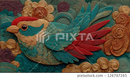 A high-resolution illustration of an artwork full of Japanese aesthetics, featuring an elegant bird in the traditional colors of vermilion and indigo flying amongst rainbow clouds. 126787265