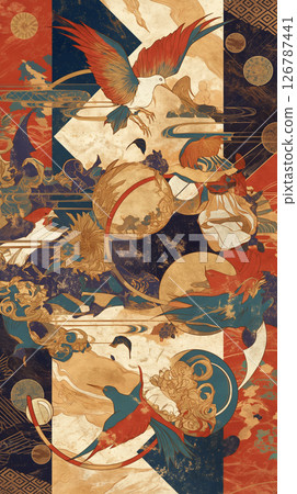 A hand-drawn Japanese-style illustration of the harmony between the flow of clouds and the movements of flapping birds | Kimono, Japanese goods, folding screens, and wallpaper designs 126787441