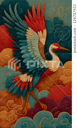 一幅精美的插圖，以日本色彩繪製，描繪了一隻奇幻的小鳥在雲海中翩翩起舞 |日式藝術 126787452