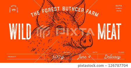 Pork, pig, hog, head, meat tag label. Template Meat Tag Label. Vintage print, tag, label pig sketch ink pencil style drawing. Butchery pork pig head meat shop, text, typography. Vector Illustration 126787704