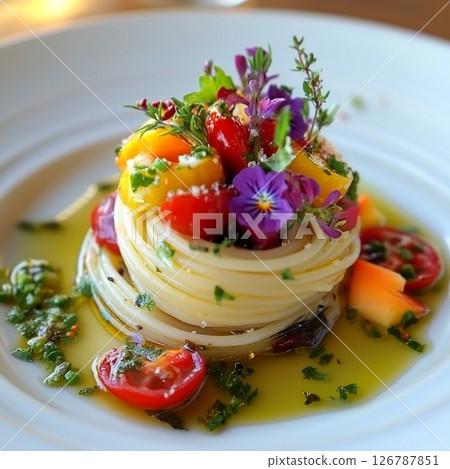 食用花卉和彩色蔬菜冷意麵 126787851