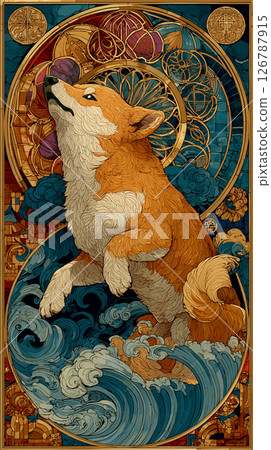 A profound Japanese-style design illustration of a Shiba Inu standing in a fantasy world based on blue and gold | Folding screen art 126787915