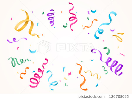 Confetti vector background with colorful confettis and serpentine ribbons isolated on light backdrop, copy space at the center. Festive pattern illustration in flat modern gradient simple style 126788035