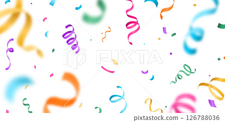 Confetti vector banner background with colorful flying blurred serpentine ribbons. Birthday, party, anniversary, carnival illustration in flat simple gradient style. Pattern on light backdrop 126788036