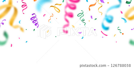 Confetti seamless vector banner background with colorful flying blurred serpentine ribbons. Birthday, party, anniversary, carnival border illustration in flat gradient style. Pattern on light backdrop Confetti seamless vector banner background with colorful flying blurred serpentine ribbons. Birthday, party, anniversary, carnival border illustration in flat gradient style. Pattern on light backdrop 126788038