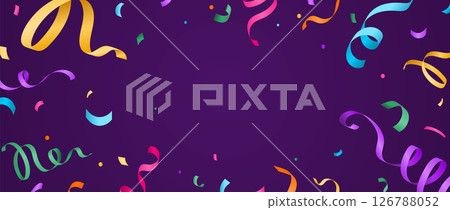 Confetti vector banner background with colorful serpentine ribbons, copy space for your text at the center. Birthday, carnival illustration in flat simple gradient cartoon style with fun explosion 126788052