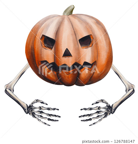 Monster pumpkin with face and bone hands. Jack's head. Halloween decor. Funny scary pumpkin. Watercolor illustration isolated from background. Hand drawn. High quality illustration Monster pumpkin with face and bone hands. Jack's head. Halloween decor. Funny scary pumpkin. Watercolor illustration isolated from background. Hand drawn. High quality illustration 126788147