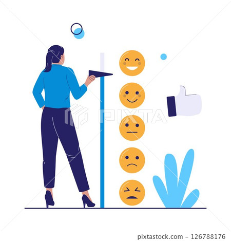Emotional Feedback Illustration with Woman Choosing Emoji Rating Scale 126788176