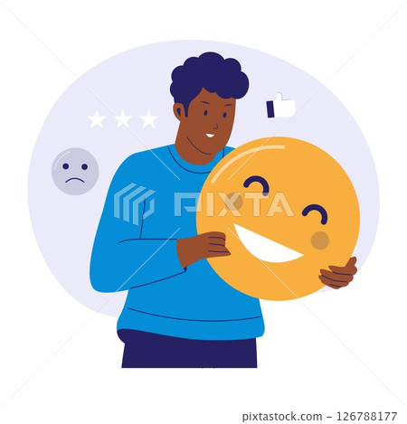 Emotional Feedback Illustration of Man Holding Happy Emoji Face 126788177