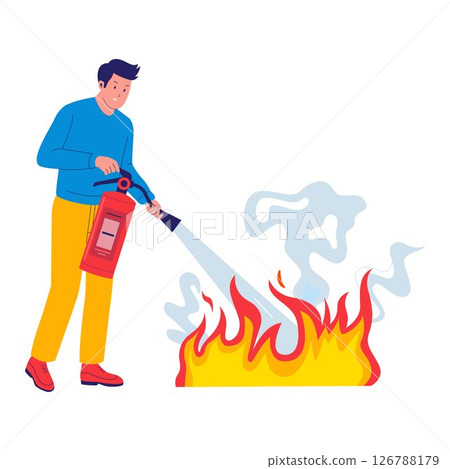 Fire Extinguisher Illustration with Man Putting Out Flames 126788179