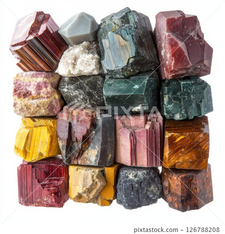 Vibrant Large Collection of Diverse Minerals Stacked Together Neatly 126788208