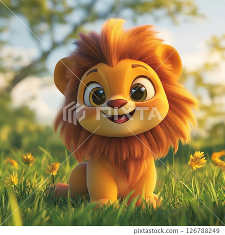 Cute Small Baby Lion Character with Fluffy Mane and Big Smile 126788249
