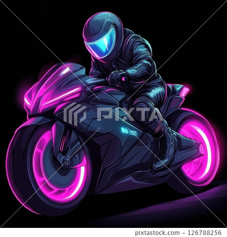 Futuristic Cartoon Character Riding Neon Motorcycle in Dark Background 126788256