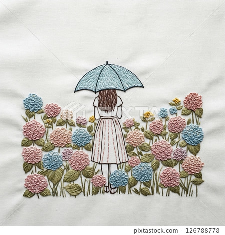 Woman standing among hydrangeas [Embroidery style] 126788778