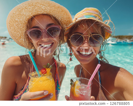 Group of friends enjoying tropical drinks on the beach Group of friends enjoying tropical drinks on the beach 126788805