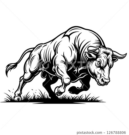 Dynamic black and white vector of an aggressive bull charging forward on grass. Perfect for logos, sports teams, tattoos, or merchandise. Animals. 126788806